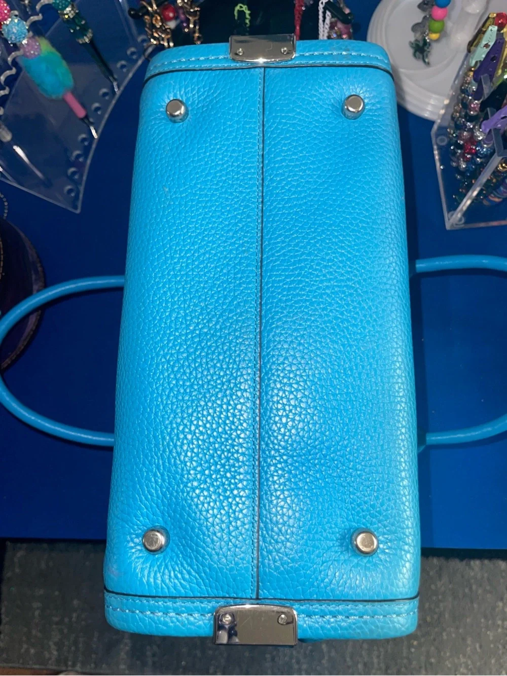 Coach Turquoise “Swagger 27”. Pebbled Leather Satchel with Silver-Tone Turnlock